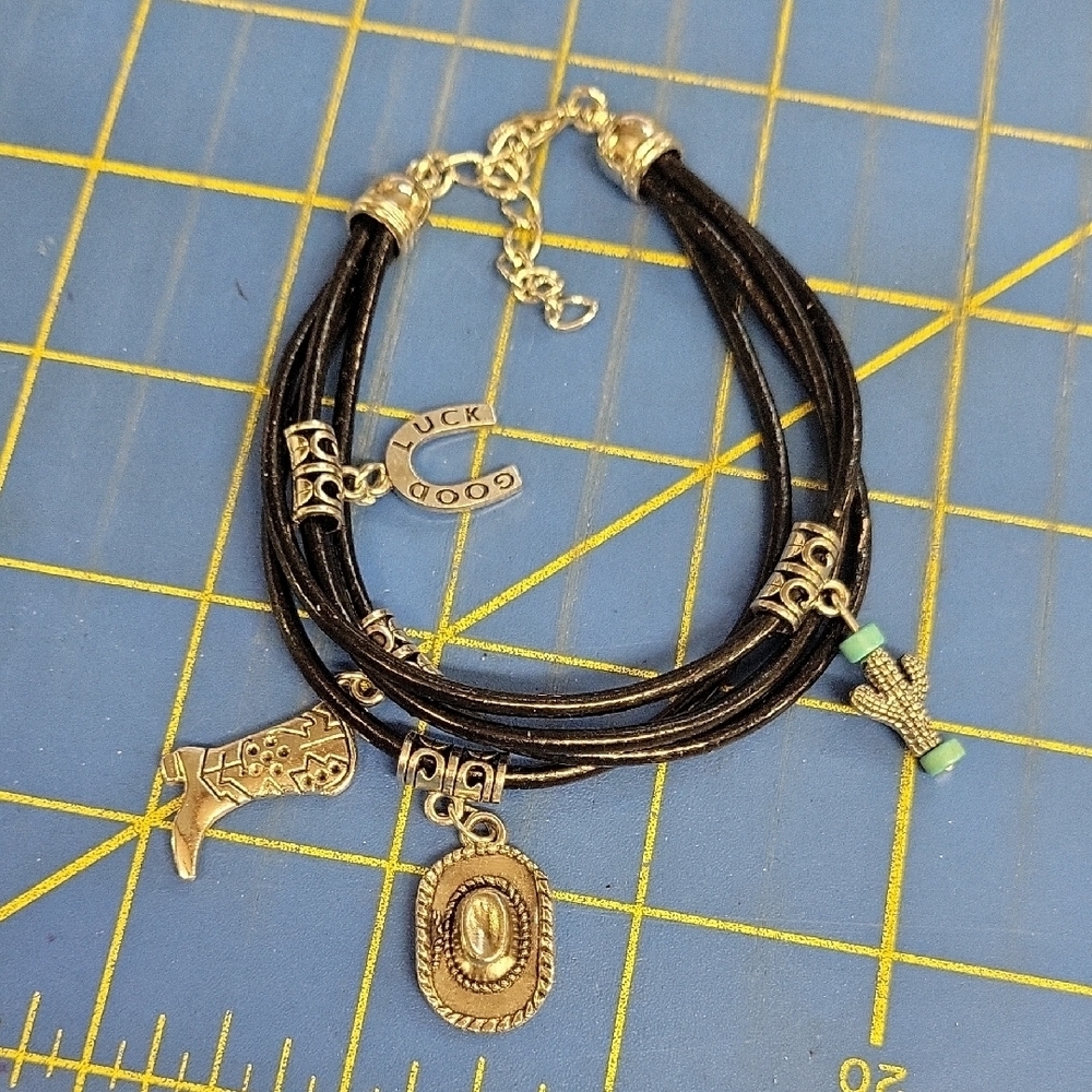 Western Black Pleather Silver Tone Turquoise Charm 4 Layer Bracelet